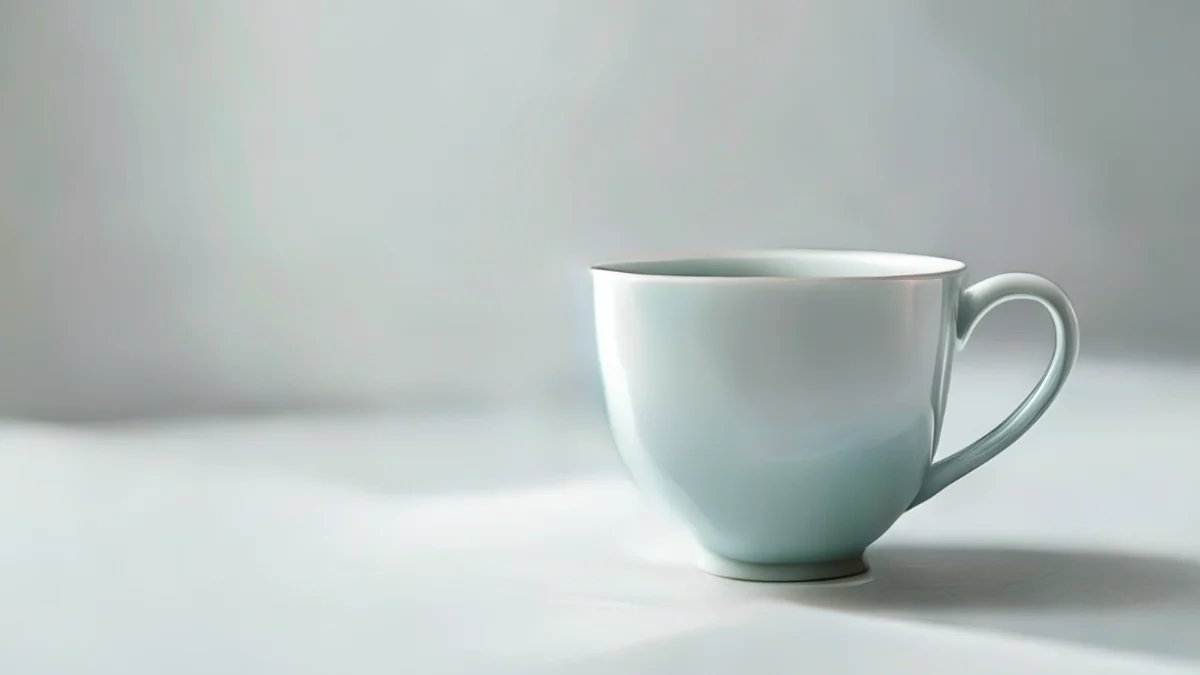 Una taza de porcelana, azul claro con superficie lisa y manija, sobre una mesa blanca bajo luz de studio softbox, profundidad de campo baja, fotorealista, enfoque neto, detalles altos