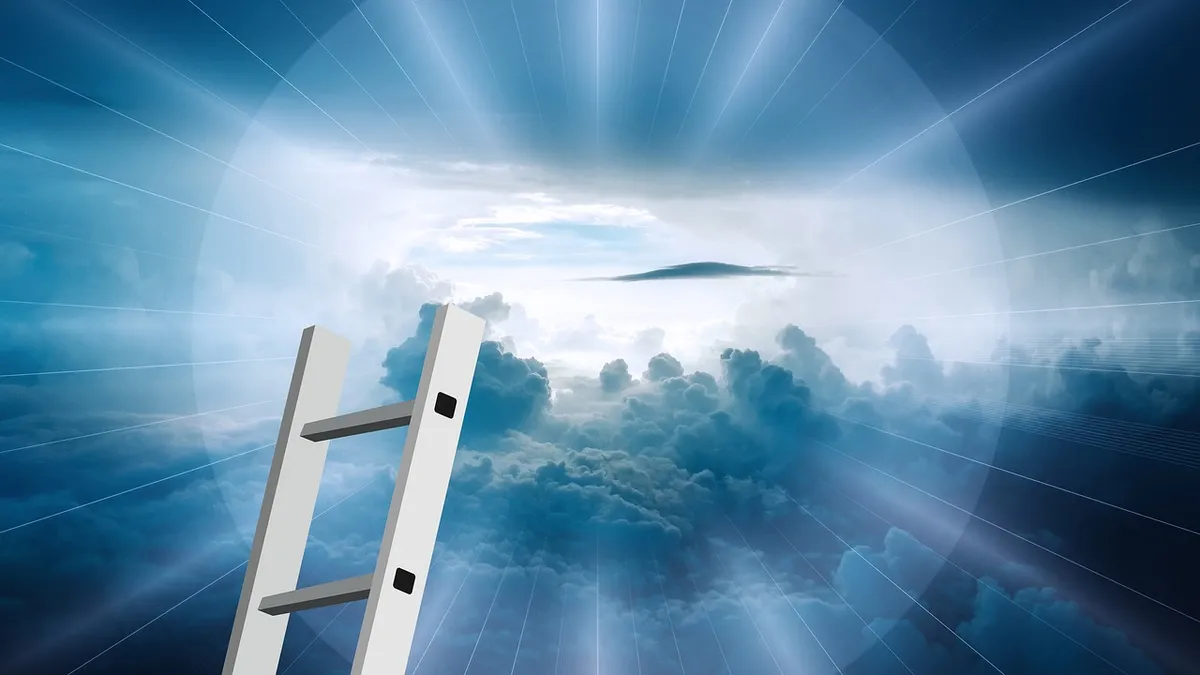 ladder, beyond, clouds, nature, heaven, god, religion, shine, shining, light, transition, to die, success, success ladder, career, ascent, come forward, rise, s