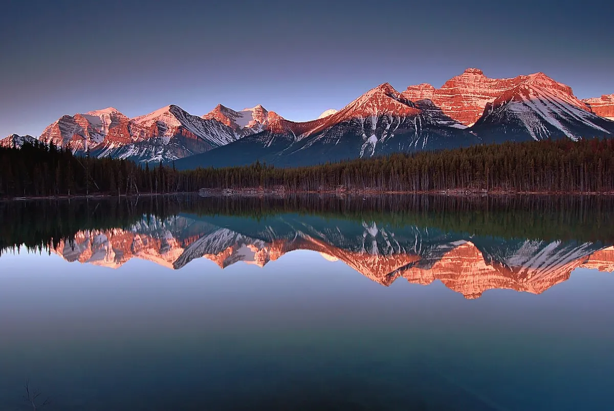 banff, national park, herbert lake, reflection, landscape, nature, canadian rockies, canada, mountains, lake, sunrise, alpenglow, tranquility, mirror, red glow,